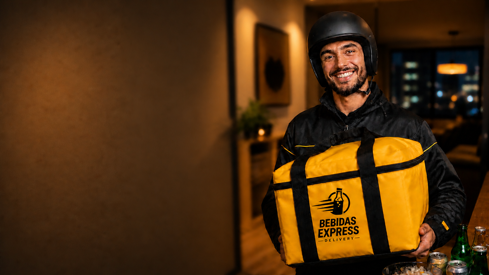 Entregador da Bebidas Express Delivery com bebidas geladas